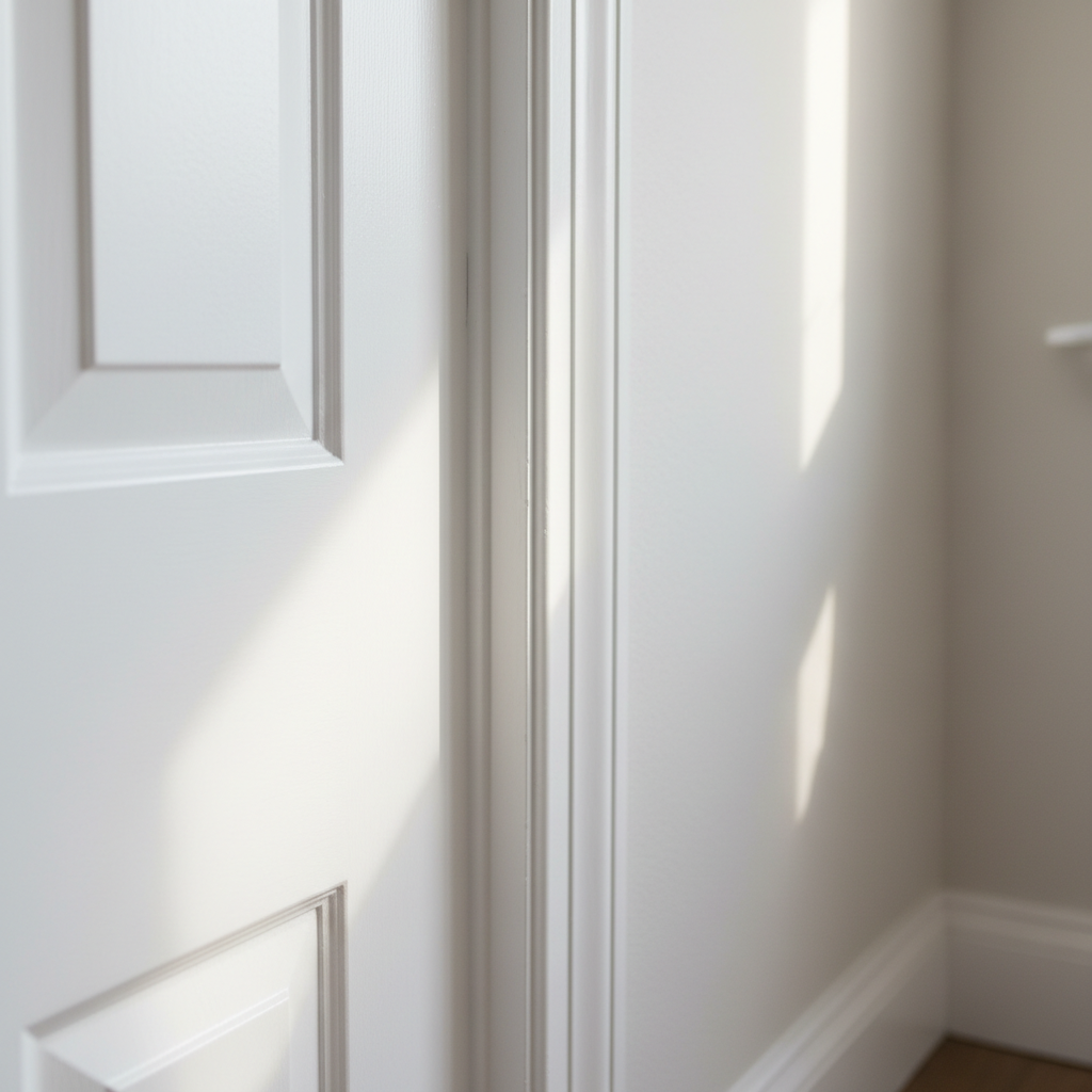 A detailed close-up of a white interior door frame and adjacent wall where one side is freshly painted and the other side has just been meticulously cleaned. The painted section is flawlessly smooth with a gentle eggshell sheen; the cleaned side shows a subtly textured, brightened surface free of smudges or dust. Natural afternoon light enters from an unseen window, grazing across the surfaces and highlighting the difference in finish without feeling staged. The mood is precise and professional, focusing on craftsmanship and care. Captured with a shallow depth of field at a slight angle, the foreground is crisp while the background softly blurs, in a clean, photographic style suited to illustrating high-quality detailed work.