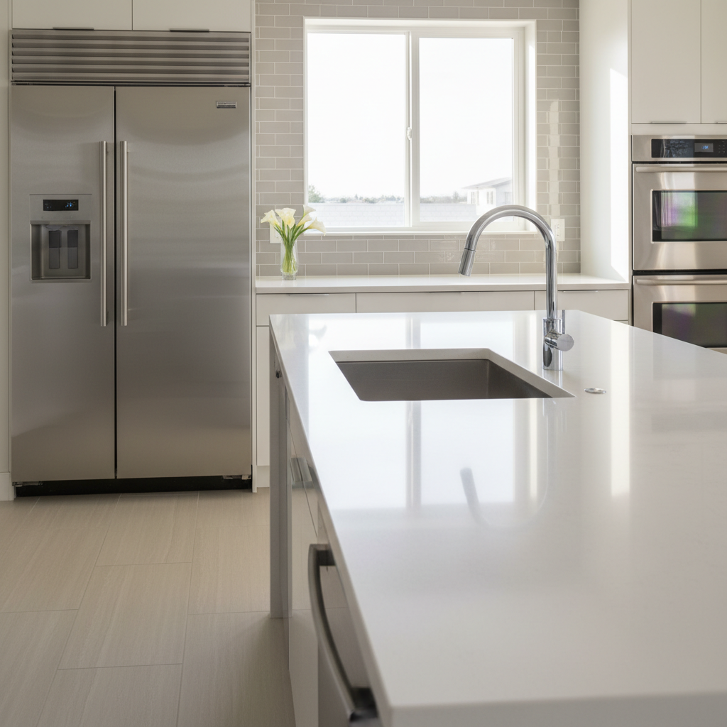 A pristine, sunlit kitchen showcasing a flawlessly cleaned space: stainless steel appliances without a single fingerprint, a glossy white quartz countertop, and a perfectly polished chrome faucet arching over a spotless sink. Light bounces off the tiled backsplash, subtly textured in soft gray. Outside a large window, late-morning natural light streams in, casting gentle, elongated shadows along the counter. The camera is positioned at a slightly elevated angle, emphasizing the uninterrupted surfaces and subtle reflections. The mood is fresh, hygienic, and professional, with photographic realism and a bright, minimalistic composition that highlights the meticulous quality of a premium cleaning service.