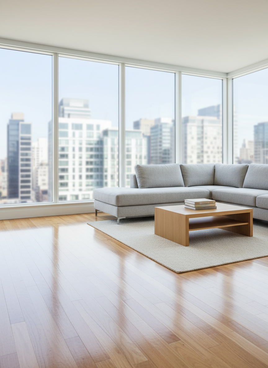 A freshly cleaned, modern living room interior with gleaming hardwood floors and spotless white baseboards, every surface immaculate. A soft gray fabric sofa sits beside a low, light-oak coffee table with a single, neatly arranged stack of neutral-toned books. Large floor-to-ceiling windows reveal a bright cityscape, while diffused midday sunlight pours in, catching subtle reflections on the polished floor. The room feels open, airy, and meticulously maintained, with no clutter in sight. Photographic realism at eye level, with sharp focus throughout and a clean, modern aesthetic, conveys a professional, trustworthy cleaning service and an atmosphere of calm, elevated order.