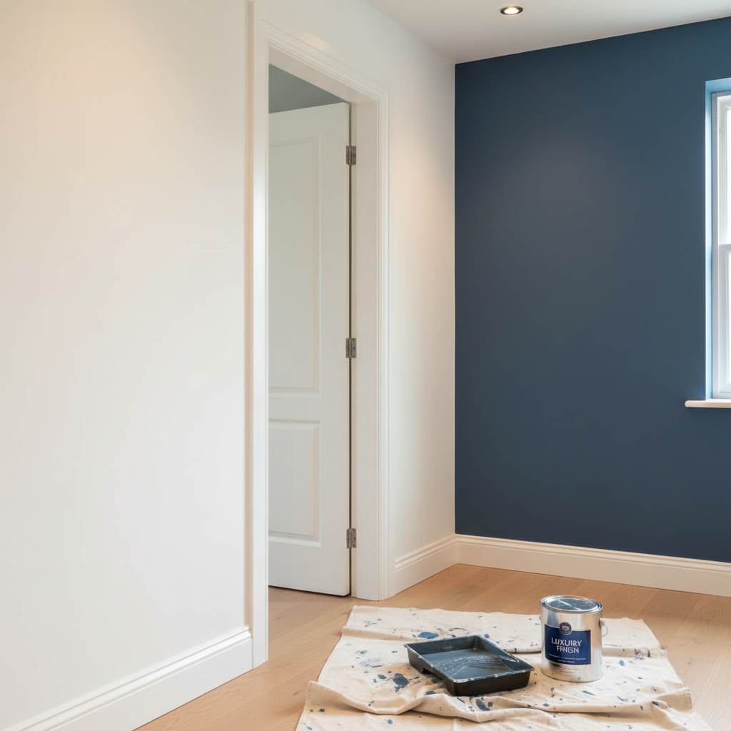 A bright hallway interior where one wall has been freshly painted a smooth, luminous eggshell white, contrasting with an adjacent wall in a rich, sophisticated slate blue. The paint lines along the crisp white trim and doorframes are flawlessly sharp, with no drips or overlaps. At the base of the wall, a neatly folded drop cloth and a closed, clean paint can rest beside an unused roller tray, all perfectly arranged. Soft, warm ceiling lighting creates a gentle sheen on the painted surfaces, emphasizing their even coverage. Shot at eye level with a slight angle down the corridor, the photographic, modern style communicates professional painting and finishing services with a sense of precision and refinement.