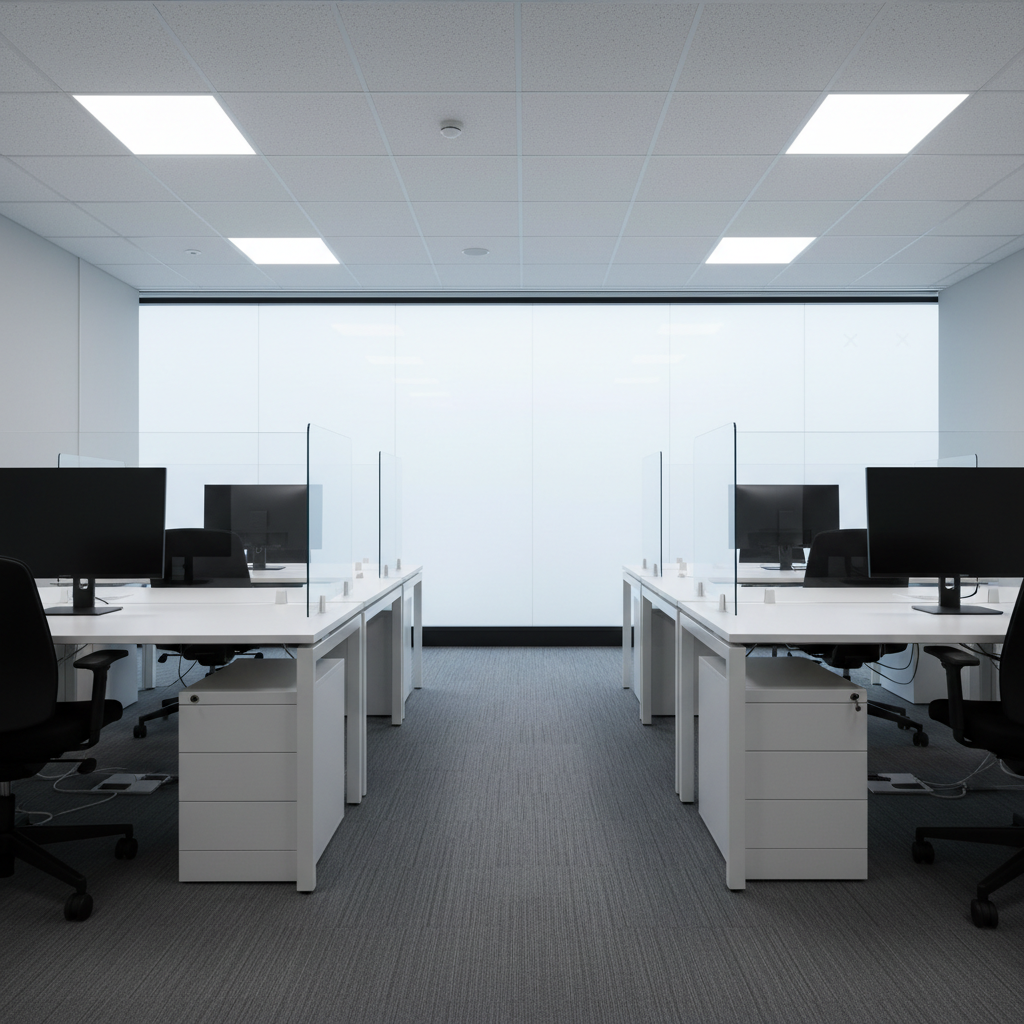 A cozy, medium-sized office interior that has just been professionally cleaned: low-pile charcoal carpet with even vacuum lines, dust-free matte white desks, and spotless glass dividers without streaks. Computer monitors are turned off, reflecting subtle ambient light from a large, frosted window wall. Overhead, neutral-toned LED panel lighting bathes the room in consistent, soft illumination, creating minimal shadows and a calm, efficient atmosphere. The camera captures the space from a corner at a wide angle, keeping every workstation and corridor in sharp focus. The photographic realism and orderly composition emphasize reliability and thoroughness, ideal for a business-focused cleaning service presentation.