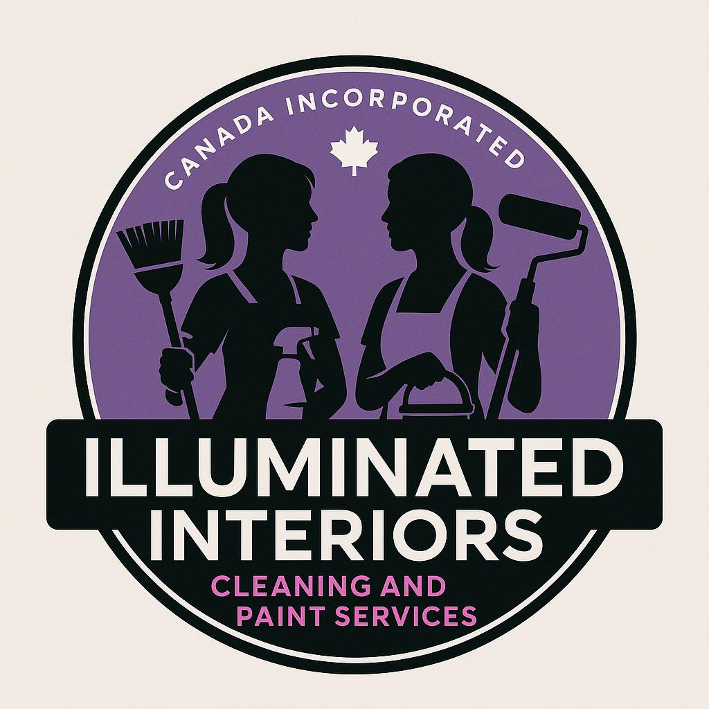A logo for "Illuminated Interiors Cleaning and Paint Services" featuring two women holding cleaning tools.